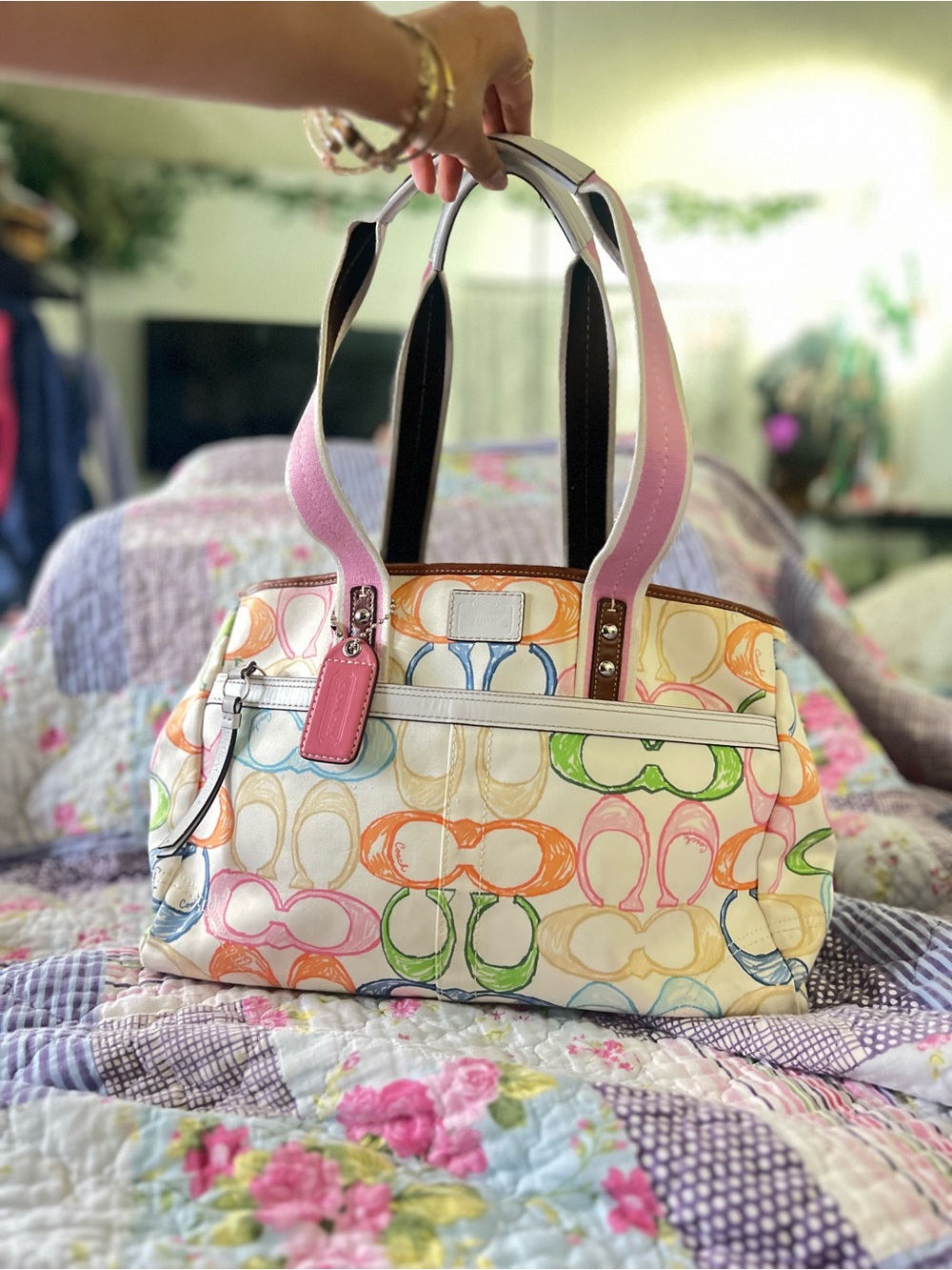 Coach Multicolor Signature Tote with Pink Handles